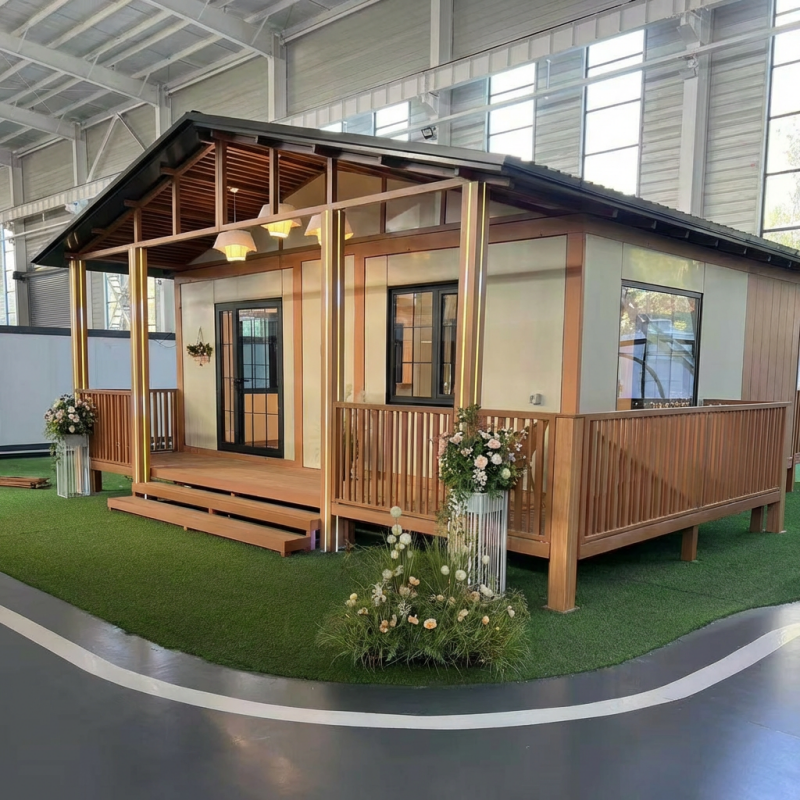 Modern 20ft expandable container house with a beautiful porch and landscaped garden