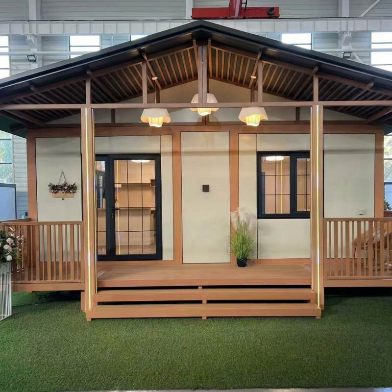 Charming 20ft expandable container house with a wooden porch and green landscaping
