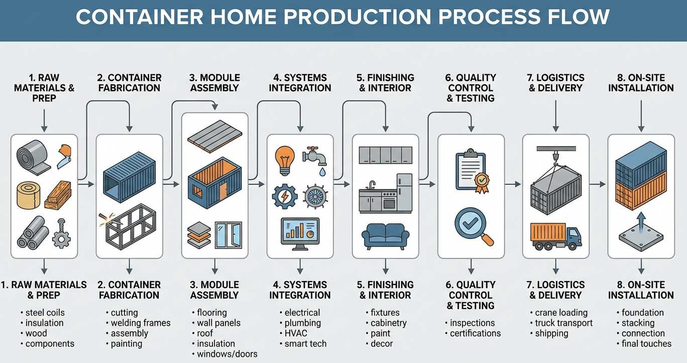 Expansionable Container House production process flow chart from raw materials preparation to on-site installation by China manufacturer factory supplier