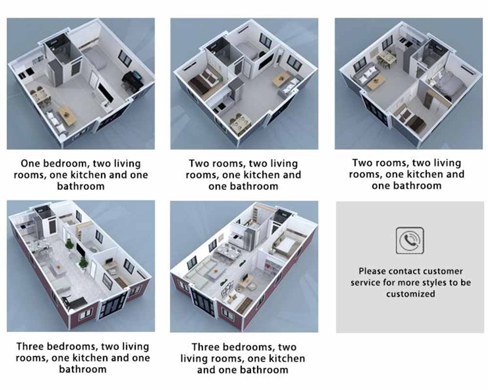 Layouts of a 40ft expandable container house offered by a professional manufacturer from China. The customizable designs include one bedroom with two living rooms, two rooms with one kitchen, and various options with three bedrooms and two living rooms. Ideal for bulk solutions, OEM/ODM, and bespoke production, these container homes are perfect for businesses seeking high-quality, customizable housing solutions. Our services include export, distribution, and direct sales for wholesale and dealer needs.