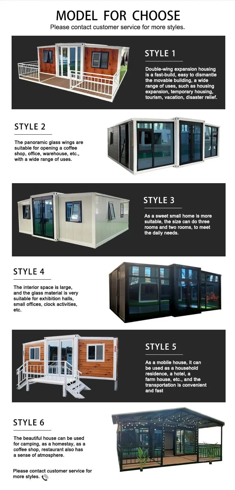 Explore the various styles of the 40ft expandable container house, available for bulk purchase from a professional China-based manufacturer. These flexible and customizable modular units are ideal for various uses such as residential, office, hotel, and temporary housing solutions. As a leading supplier and exporter, we offer OEM/ODM services and bespoke designs tailored to your specific needs. Perfect for businesses seeking customized production, with solutions available for wholesalers, distributors, and dealers.
