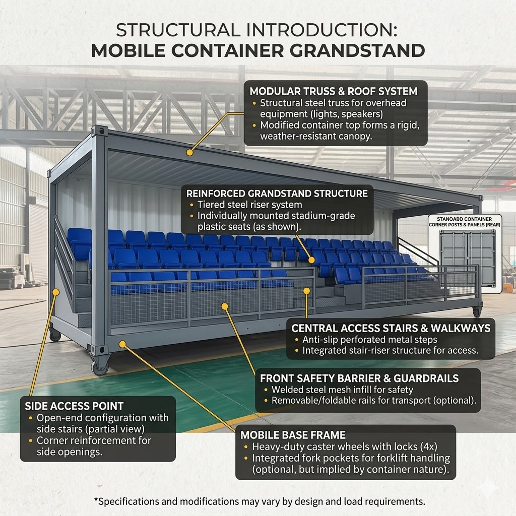 Apresentação da estrutura de arquibancada de contêineres