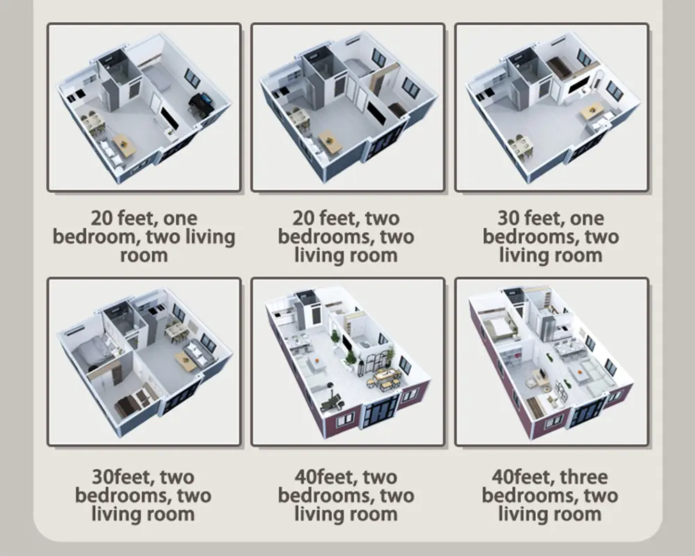 Expandable container house product floor plans showing various layouts, including one-bedroom, two-bedroom, and three-bedroom options in different sizes.
