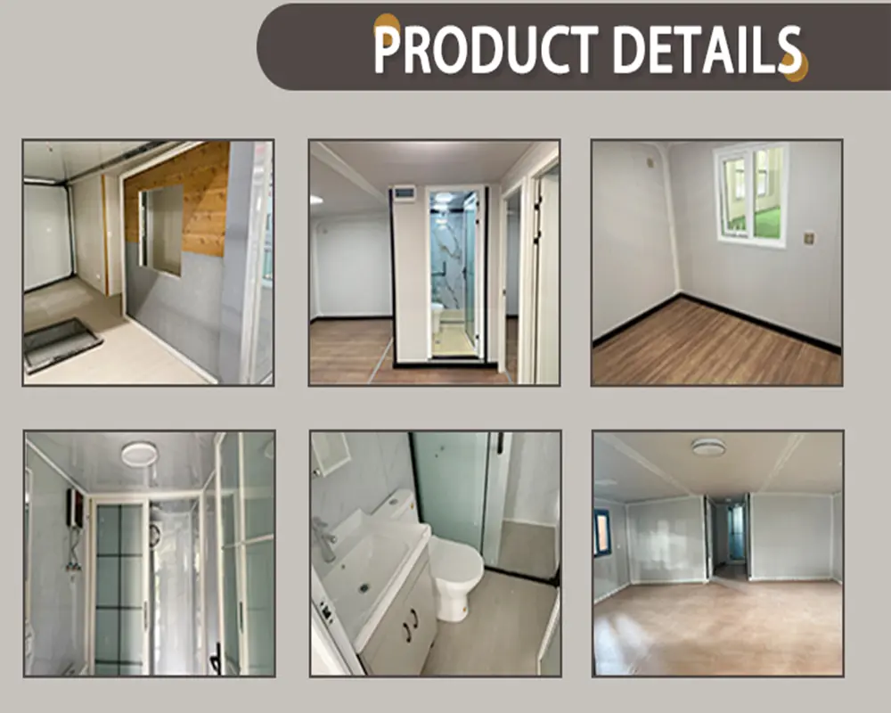 Interior details of an expandable container house featuring a fully equipped bathroom, durable flooring, integrated electrical systems, and modern finishing.