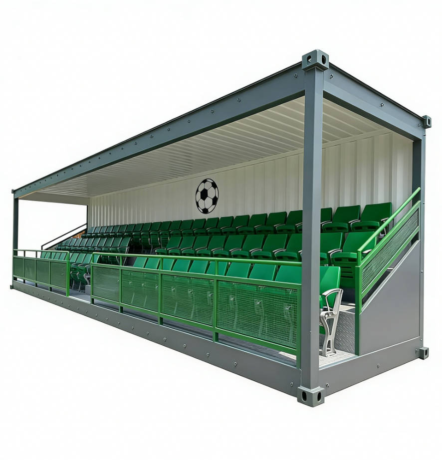 Shipping container grandstand with green seating and a sturdy steel frame, manufactured by a professional China-based container house factory. Ideal for outdoor sports events and large gatherings, offering flexibility and durability.