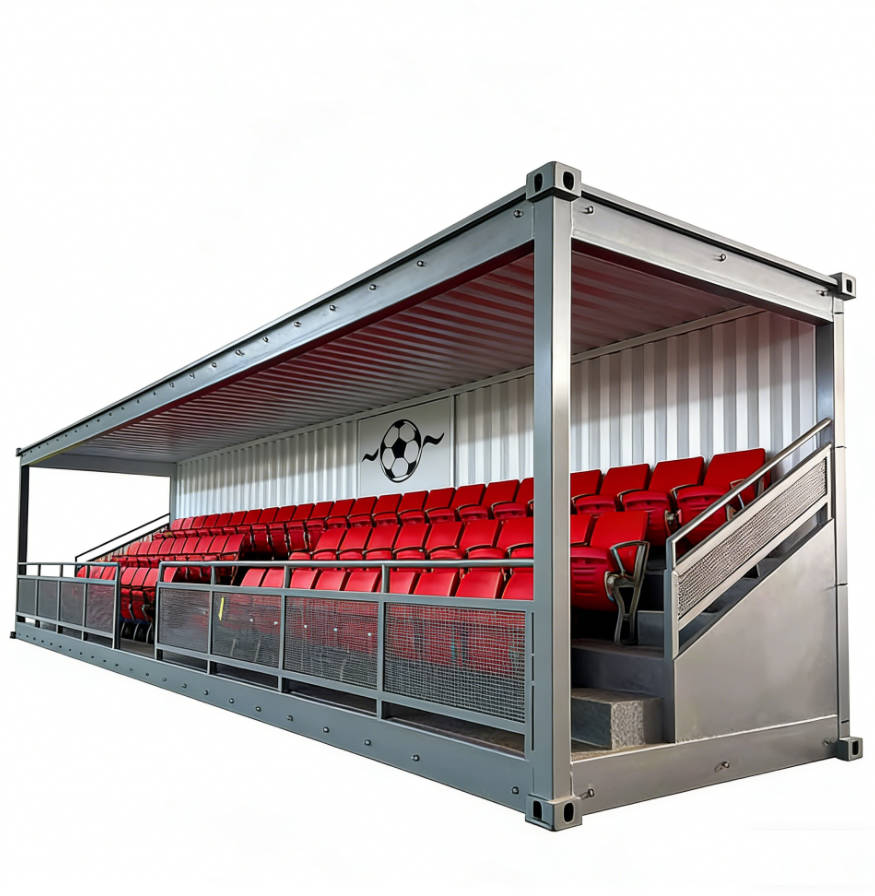 Shipping container grandstand with red seating and a robust frame, manufactured by a professional container house factory in China. Designed for versatility and easy transport, this modular seating solution is perfect for sports events and outdoor gatherings.