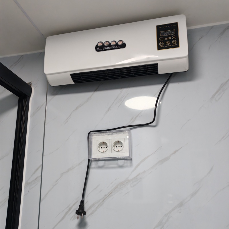 Modern bathroom design inside an expandable container house featuring a shower, toilet, and sink