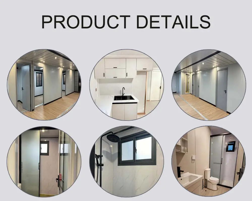 Expandable container house product details showing interior features including kitchen, bathroom, and living spaces.
