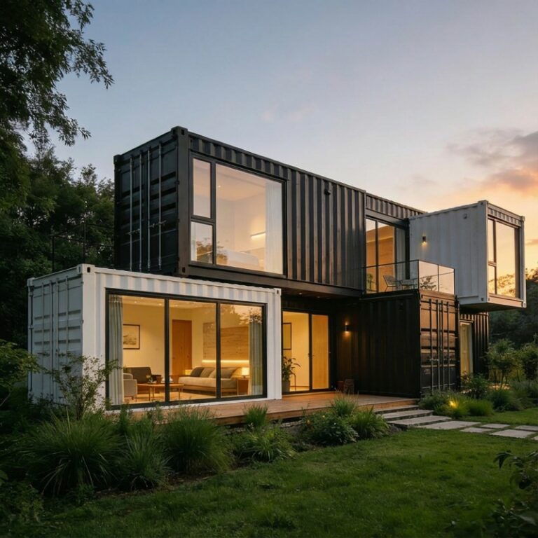 Modern luxury Chinese container house built with stacked shipping containers featuring large glass windows and contemporary design by leading China container house manufacturer