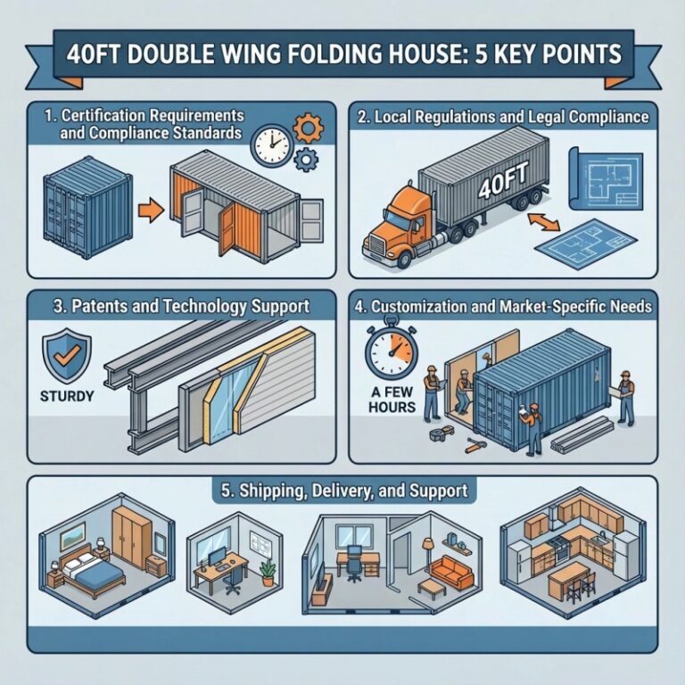 Infographic outlining 5 key considerations when ordering a 40ft double wing folding house, including certifications, legal compliance, customization, and shipping.