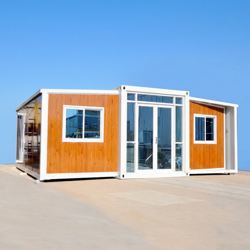 Casa contêiner expansível com design moderno em painéis de madeira e janelas amplas, ideal para uso residencial ou comercial