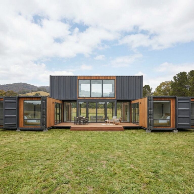 A 40ft expandable container house designed for modern living, showcasing a combination of sleek container structures and wooden elements, creating a spacious, functional, and stylish home.