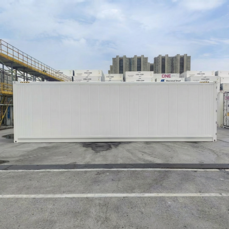 A 40ft reefer container designed for temperature-sensitive goods displayed in a factory setting highlighting its robust structure and refrigeration system manufactured by a China-based container house factory specializing in custom refrigerated containers for international markets