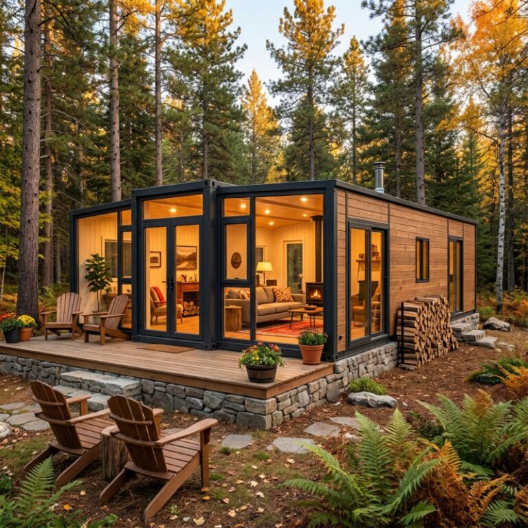 A luxury expandable container house in a scenic forest setting, featuring large glass windows and a wooden exterior, offering a comfortable and spacious living space with an inviting porch.