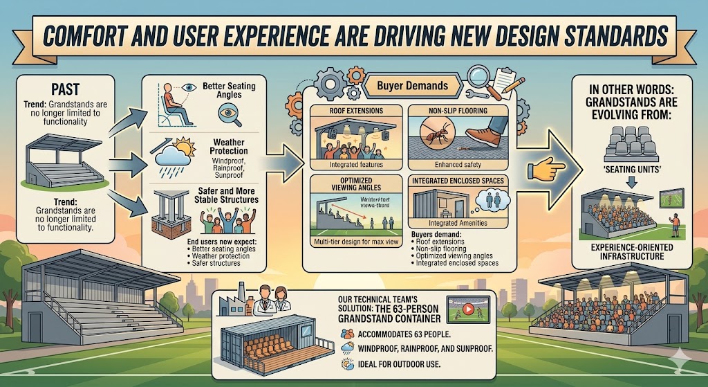 O infográfico destaca como os padrões de design para arquibancadas em contêineres estão migrando da funcionalidade básica para uma experiência abrangente do usuário. Compradores modernos agora exigem infraestrutura que ofereça ângulos de visão otimizados, recursos de segurança integrados, como piso antiderrapante, e proteção climática total contra vento, chuva e sol. Ao evoluir de simples "unidades de assentos" para ambientes sofisticados e orientados à experiência, com extensões de cobertura e comodidades fechadas, essas soluções modulares — como a arquibancada em contêiner para 63 pessoas — estão estabelecendo um novo padrão para infraestrutura de eventos ao ar livre.