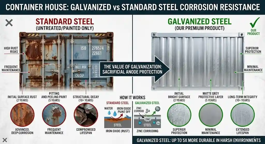 A container house technical comparison infographic showing the corrosion resistance of standard steel (untreated/painted) versus galvanized steel (premium product), highlighting the sacrificial anode protection and long-term structural integrity of galvanized units.