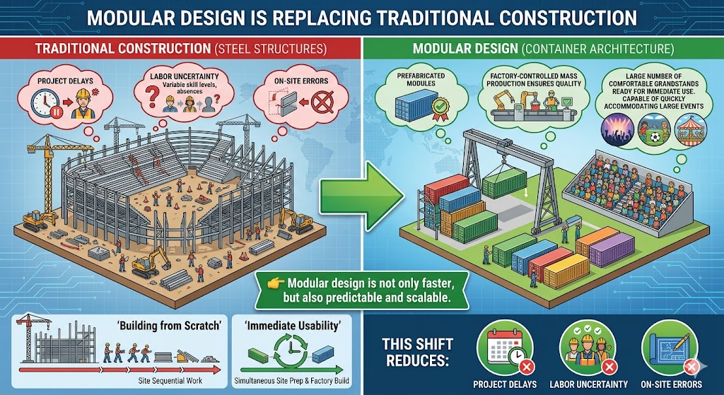 Este infográfico destaca a mudança do setor, da construção tradicional em aço para a arquitetura modular em contêineres, enfatizando que o design modular é mais rápido, previsível e escalável. Contrasta o método de "construir do zero" — frequentemente afetado por atrasos em projetos, incerteza de mão de obra e erros no local — com a produção em massa controlada em fábrica, que garante alta qualidade e "usabilidade imediata". Ao utilizar módulos pré-fabricados, esse sistema permite a preparação simultânea do local e a construção em fábrica, resultando em um grande número de arquibancadas confortáveis prontas para acomodar rapidamente grandes eventos, como shows, esportes ou festivais.