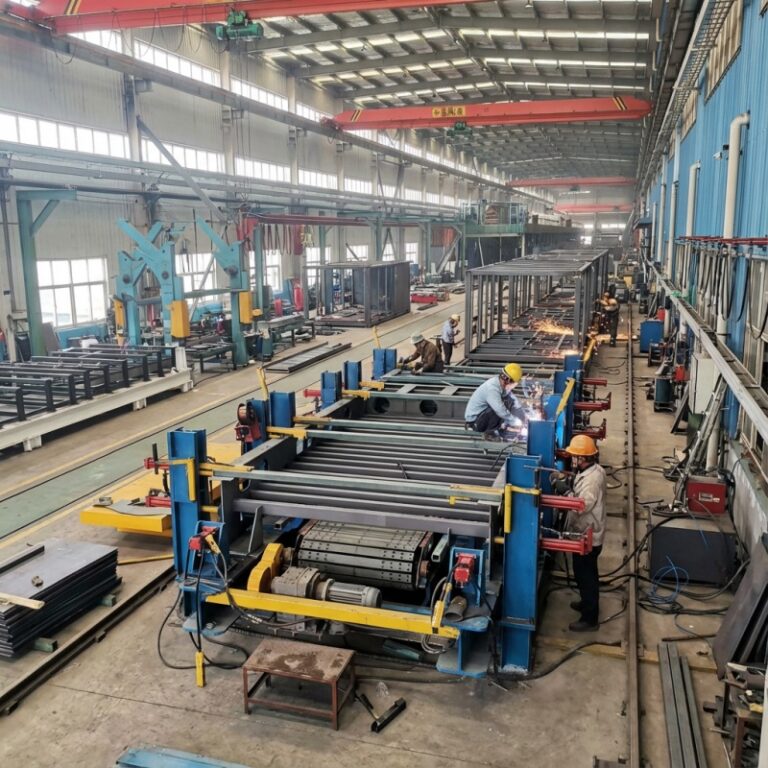 Large-scale steel structure production line for china house container, showing automated welding and frame fabrication inside a China container house manufacturing factory serving bulk orders and OEM / ODM projects.