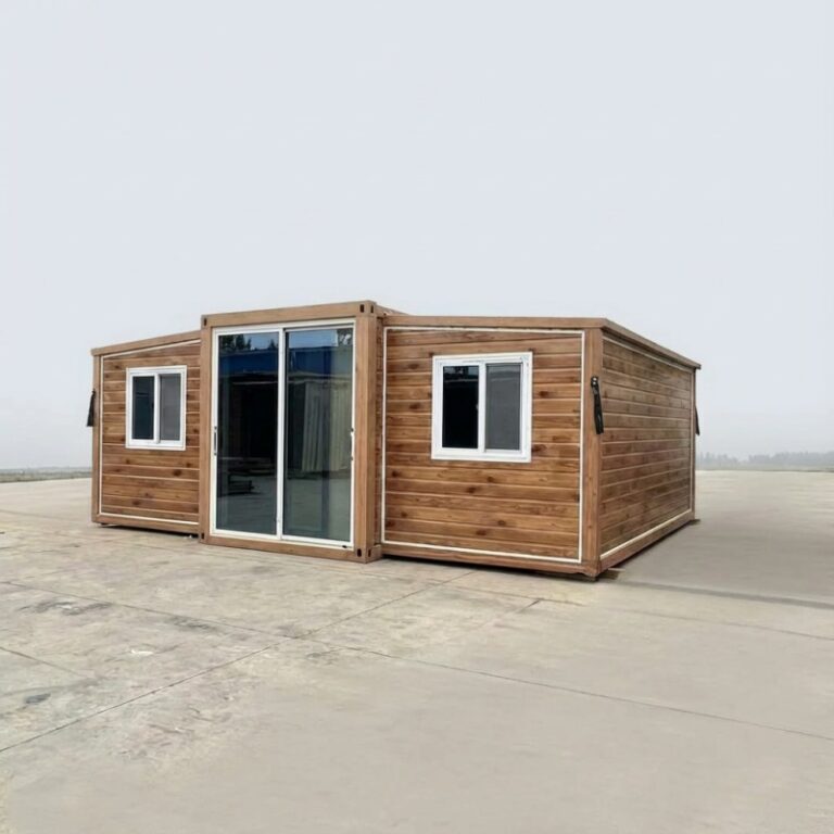 A double-wing expandable container house with a wooden exterior, featuring large glass doors and windows, offering a spacious and functional design ideal for residential or commercial use.