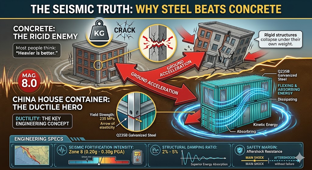 An educational infographic titled "The Seismic Truth: Why Steel Beats Concrete" comparing the structural integrity of traditional concrete buildings versus China house containers during a major earthquake. The top section, labeled "CONCRETE: THE RIGID ENEMY," illustrates a heavy concrete building cracking and collapsing under a Magnitude 8.0 seismic event. Large red arrows represent "Ground Acceleration," demonstrating how the rigid structure's weight leads to failure. The bottom section, labeled "CHINA HOUSE CONTAINER: THE DUCTILE HERO," shows a modular container unit built with Q235B Galvanized Steel. Instead of cracking, the structure is depicted with glowing blue energy lines to show it "Flexing & Absorbing Energy." A detailed callout points to a steel joint highlighting its 235 MPa yield strength and elasticity. At the bottom, an "ENGINEERING SPECS" dashboard displays technical data: Seismic Fortification Intensity: Zone 8 (0.20g - 0.30g PGA). Structural Damping Ratio: 2% - 5% for superior energy absorption. Safety Margin: High resistance to main shocks and subsequent aftershocks. The visual concludes that for B2B clients in seismic zones like Chile, Japan, or California, ductile steel containers offer a safer alternative to traditional masonry.