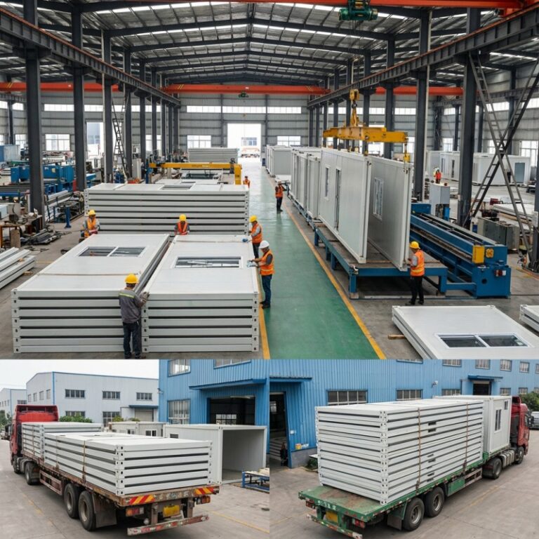 A folding container house being assembled in the factory, with workers handling various components. The image shows the production line, loading onto trucks for delivery, illustrating the manufacturing and logistics process.