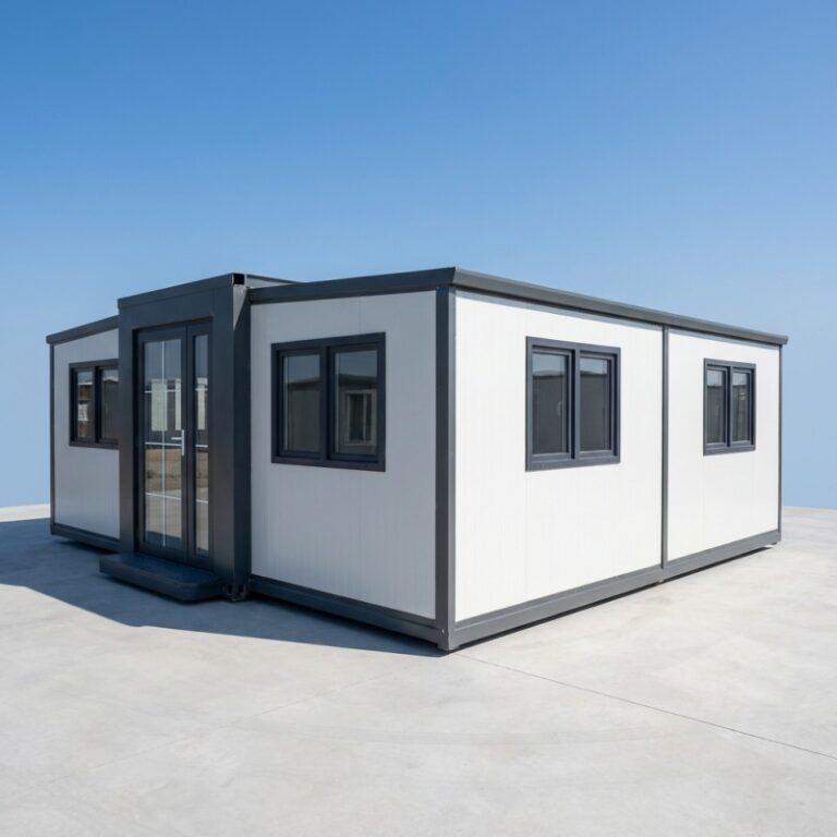 Expandable container house with panoramic glass facade and modular structure designed for fast deployment and flexible space use