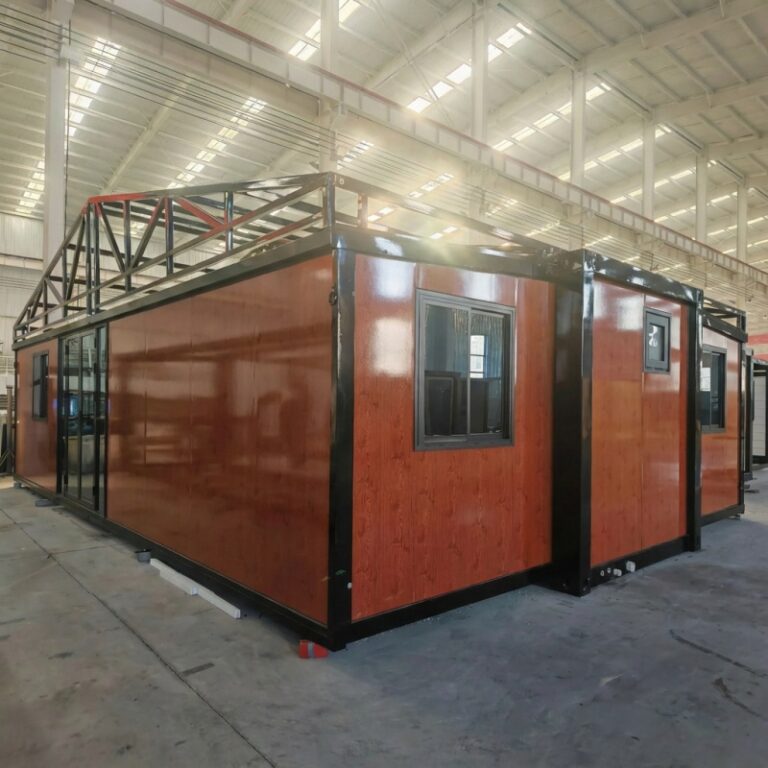 Expandable prefab house with high-quality wooden exterior and a sturdy steel frame, manufactured by a China-based container house factory. Designed for easy expansion, transport, and installation.