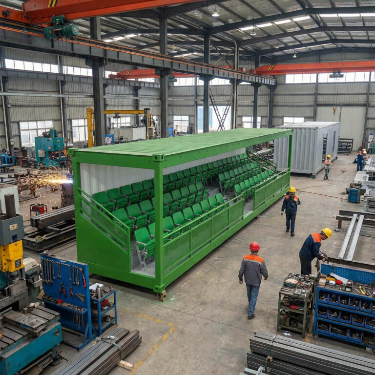 A green steel container grandstand under construction in a factory setting, showcasing the seating arrangement and the manufacturing process. Workers are assembling the grandstand, demonstrating its durable design for large events.