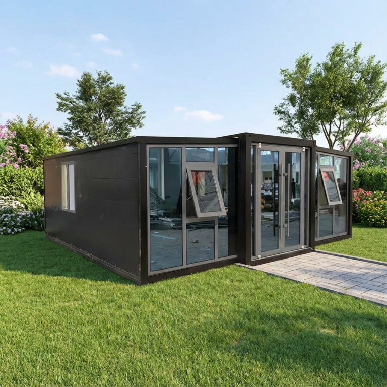 A double folding container house featuring large glass doors and windows, offering a modern and functional design for residential or commercial use in outdoor settings.