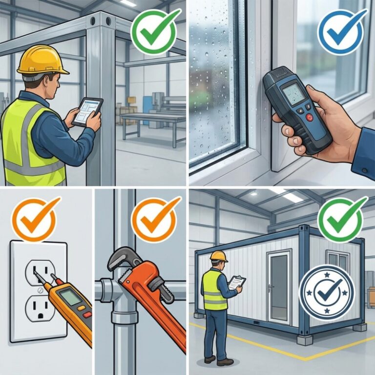 Quality inspection steps for a certified container house, showing worker testing electrical components, window seals, plumbing, and overall structure for compliance with industry standards.