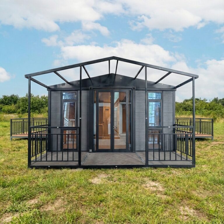 A Chinese expandable house designed with a modern style and sturdy steel frame. This modular house offers spacious living areas, ideal for both temporary and permanent use. Manufactured by a reliable container house factory in China.
