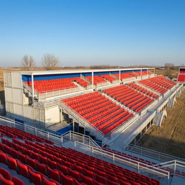 A large portable container grandstand featuring rows of red seating, offering ample seating for large events. The structure is designed for portability and ease of use, ideal for outdoor sports venues.