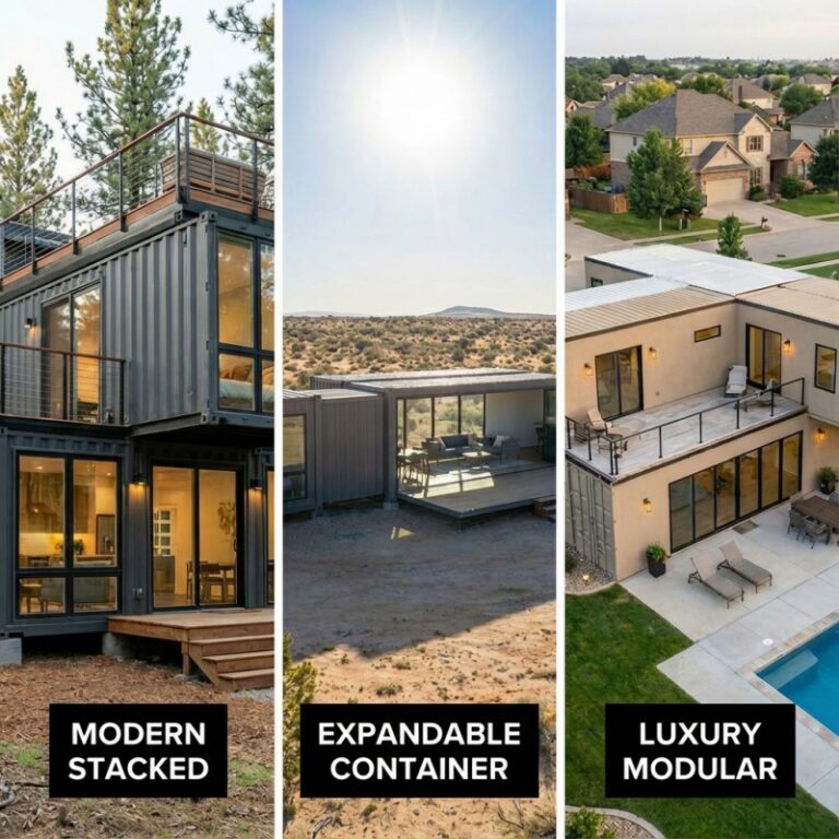 A visual showcasing three types of large container houses: a modern stacked design, an expandable container design, and a luxury modular container home, each offering unique benefits for various uses.