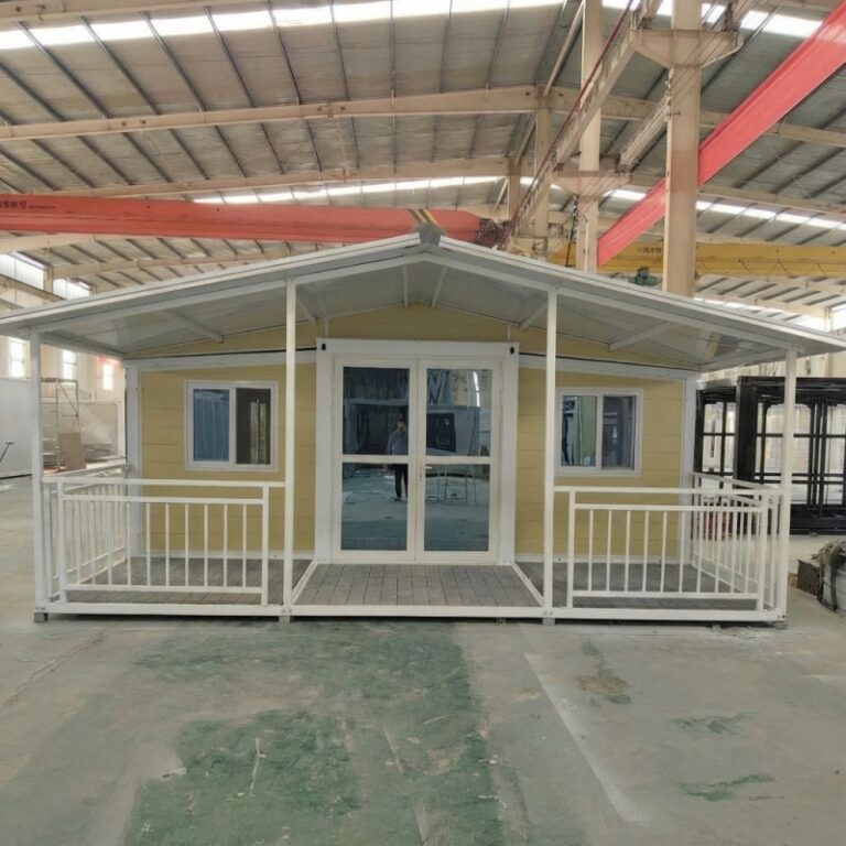 Portable expandable container house with a modern design, featuring a spacious front porch and large windows, manufactured by a professional China container house factory for modular housing solutions.