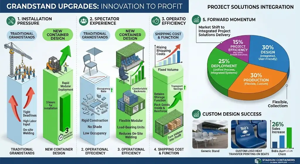 Este infográfico abrangente, intitulado "Atualizações de Arquibancada: Inovação para Lucro", ilustra a mudança estratégica da construção tradicional de arquibancadas para soluções modernas e integradas com contêineres. Ele detalha os benefícios em instalação, experiência e logística, destacando como designs modulares impulsionam a eficiência do projeto e um maior ROI.
