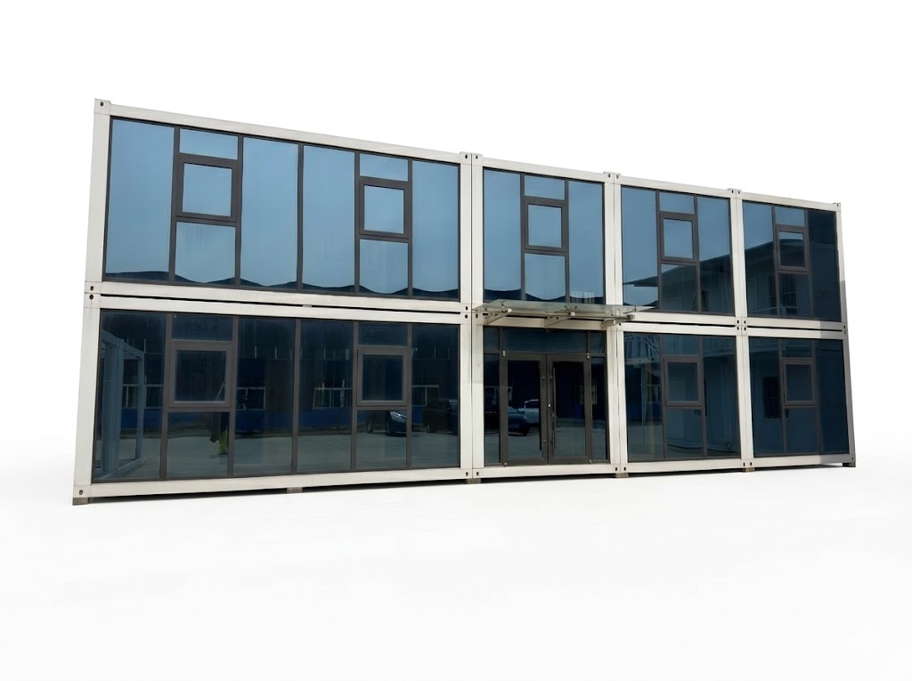 A row of white folding container houses installed on a wooden deck, featuring security windows and modern steel doors.