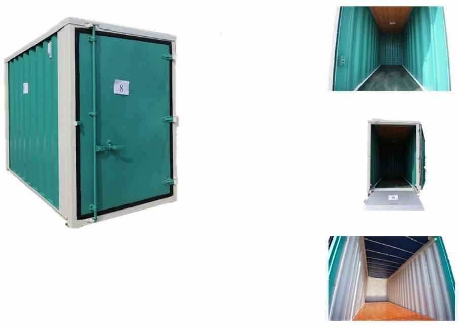 Compact teal green motorcycle storage container unit with corrugated panels, white border frame, single green door numbered '8', standing on orange support pads in a factory storage area