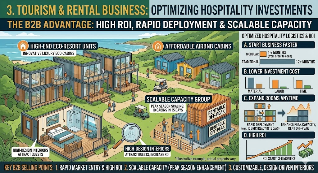 Infographic showing expandable container house application in tourism, featuring high-end eco-resorts and affordable Airbnb cabins with a focus on high ROI and rapid deployment