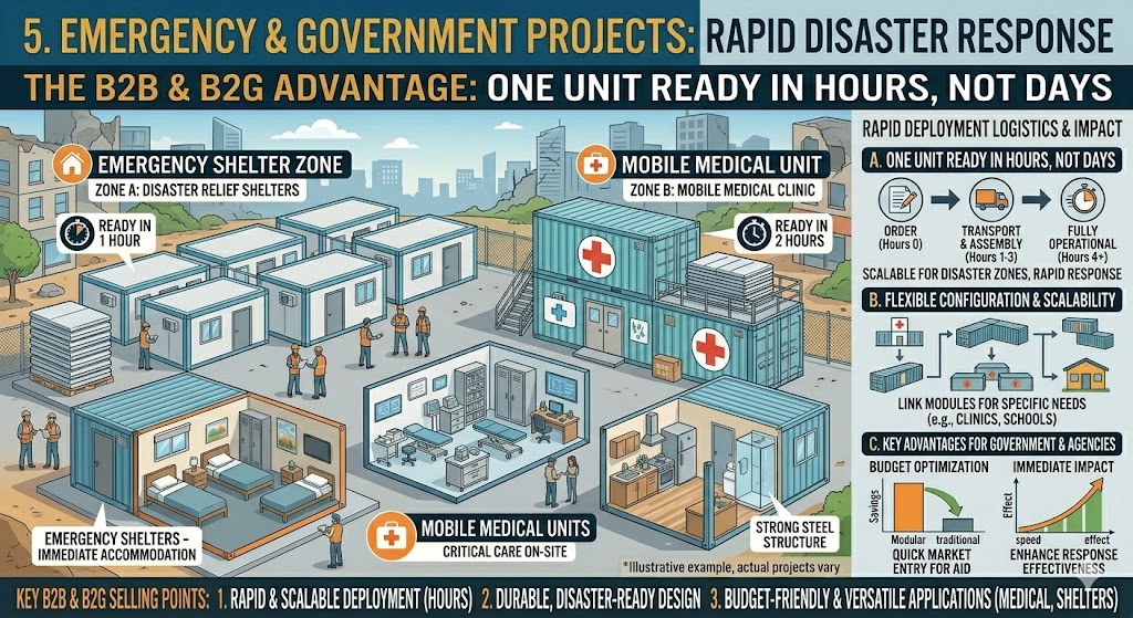 Infographic showcasing an expandable container house application for rapid disaster response, featuring modular emergency shelters and mobile medical units ready in hours.