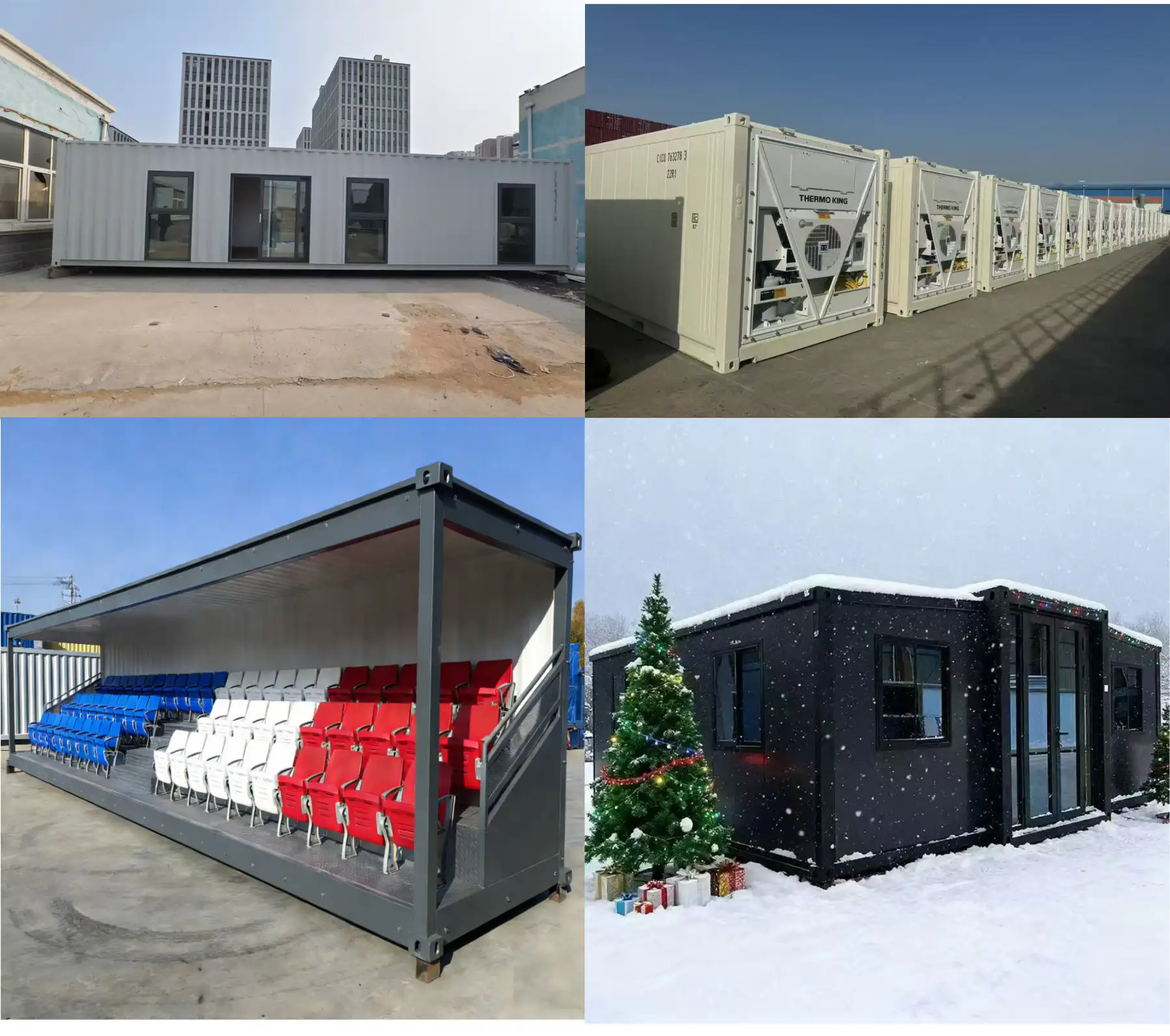 A four-panel professional collage showcasing versatile business container solutions, including a multi-windowed modular office, a line of Thermo King refrigerated units, a custom open-sided stadium seating container, and an expandable modular home in a snowy environment.