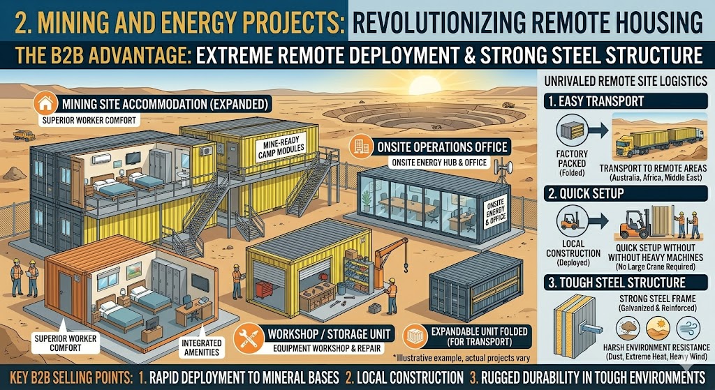 Infographic illustrating expandable container house applications for remote mining and energy projects, featuring modular worker accommodations, onsite offices, and equipment workshops