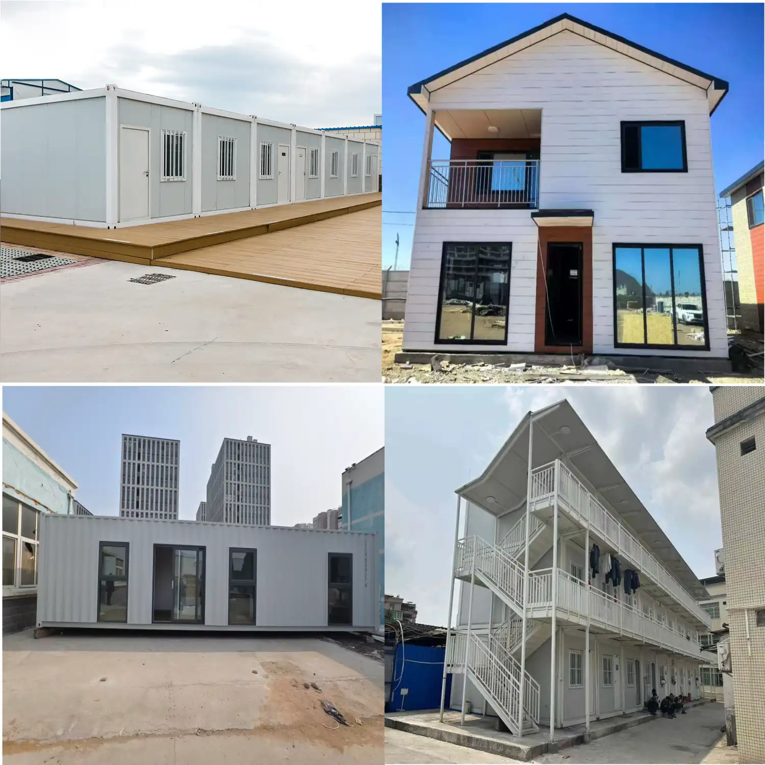 Alt Text: A four-panel collage of modular container houses, including a two-story white prefab home with a balcony, a single-story multi-window site office, and a three-story worker dormitory with external stairs.
