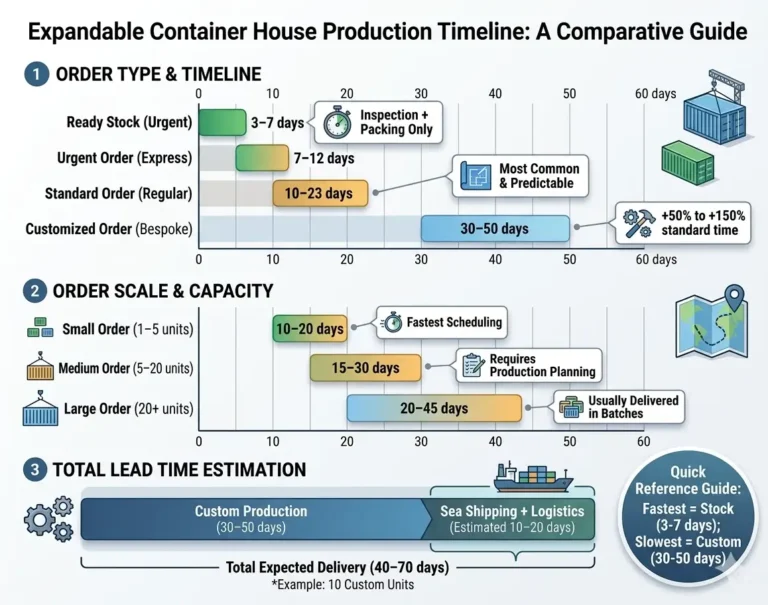 A comprehensive infographic titled "Expandable Container House Production Timeline" illustrating different lead times for ready stock, urgent express orders, and customized bespoke units.