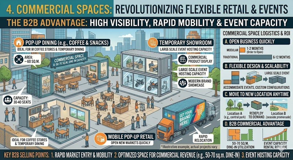 Infographic showing expandable container house application for commercial spaces, featuring pop-up dining, temporary showrooms, and mobile retail units with rapid mobility
