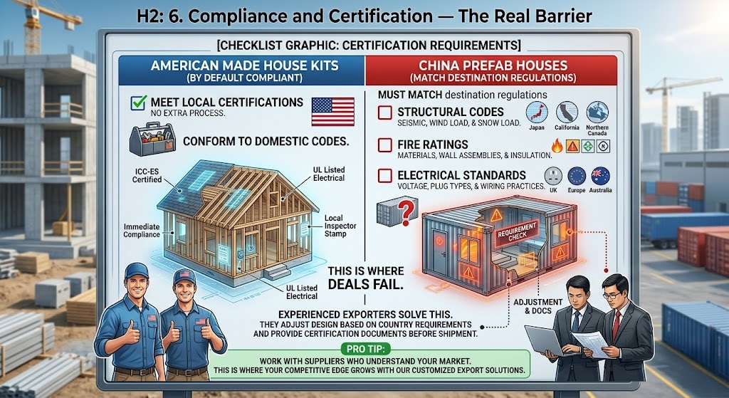 Compliance checklist for American house kits vs Chinese prefab houses including certifications