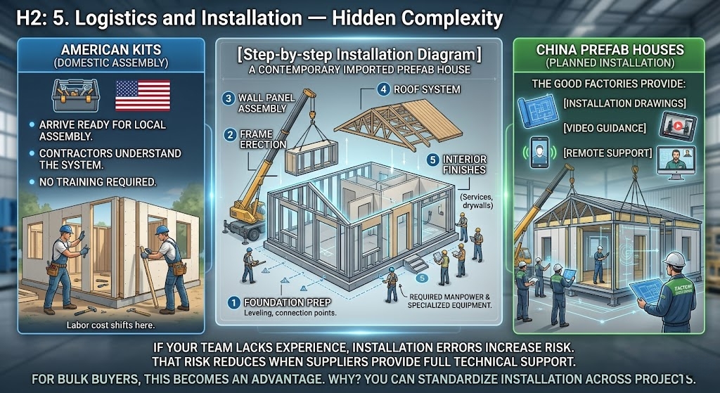  Installation process of imported prefab houses including assembly steps and manpower