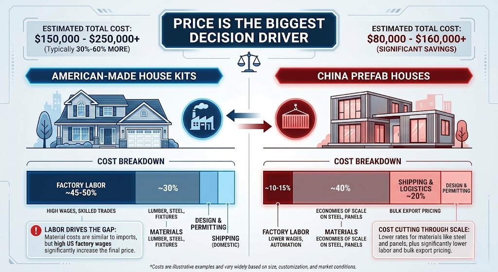 American made house kits vs China prefab house cost comparison chart including labor and materials