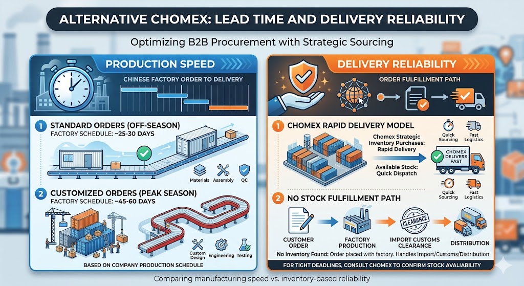 This infographic highlights Chomex’s logistical edge in B2B procurement by contrasting standard factory production cycles—25–30 days for off-season and 45–60 days for peak-season custom orders—with a strategic inventory model that enables rapid delivery of ready-made stock, ensuring high reliability through end-to-end control of factory production, customs clearance, and final distribution.