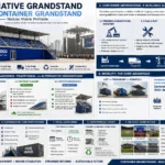 A comprehensive infographic titled 'Alternative Grandstand: New Container Grandstand,' showcasing a modular, mobile, and profitable seating solution. The image features a large blue containerized grandstand with 'YOUR LOGO' and details its advantages over traditional stadium seating and temporary bleachers. Key sections include a cost structure breakdown (showing container systems as a moderate-cost, high-value middle ground), mobility workflows (Lift-Transport-Reinstall), and structural performance highlights. It compares installation speed—reducing weeks of construction to just hours—and provides an ROI table illustrating superior lifespan (20-30 years), reusability, and annual utilization. Use cases include sporting events, music festivals, racing, and corporate events, emphasizing the core value proposition: Lower costs, faster deployment, and higher returns