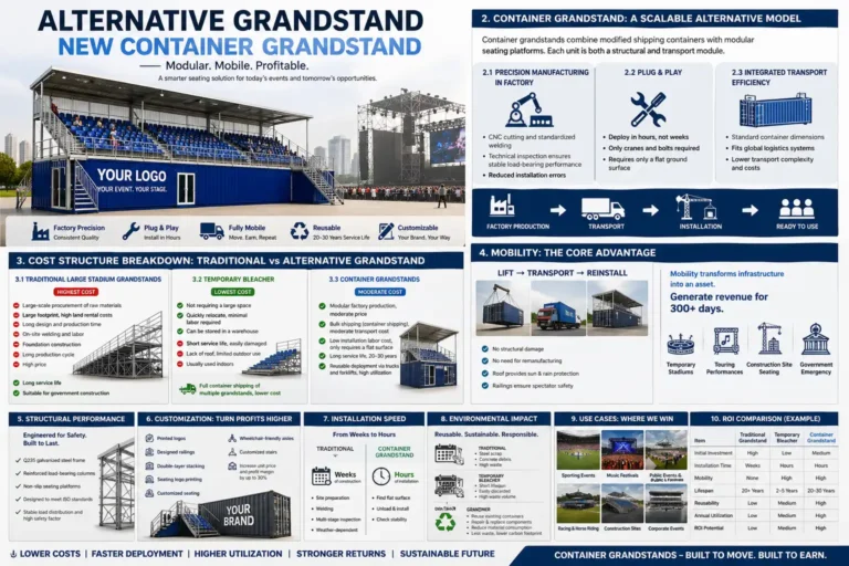 Um infográfico abrangente intitulado 'Arquibancada Alternativa: Nova Arquibancada Contêiner', apresentando uma solução de assentos modular, móvel e lucrativa. A imagem exibe uma grande arquibancada contêiner azul com 'SEU LOGO' e detalha suas vantagens em relação aos assentos de estádio tradicionais e arquibancadas temporárias. As principais seções incluem uma análise da estrutura de custos (mostrando sistemas de contêiner como um meio-termo de custo moderado e alto valor), fluxos de trabalho de mobilidade (Elevar-Transportar-Reinstalar) e destaques de desempenho estrutural. Compara a velocidade de instalação—reduzindo semanas de construção para apenas horas—e fornece uma tabela de ROI ilustrando vida útil superior (20-30 anos), reutilização e utilização anual. Casos de uso incluem eventos esportivos, festivais de música, corridas e eventos corporativos, enfatizando a proposta de valor central: Menores custos, implantação mais rápida e maiores retornos.